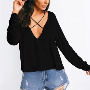 Tobi Black Crisscross V Neck Sheer Blouse XS Long Sleeve Strappy Going Out Top